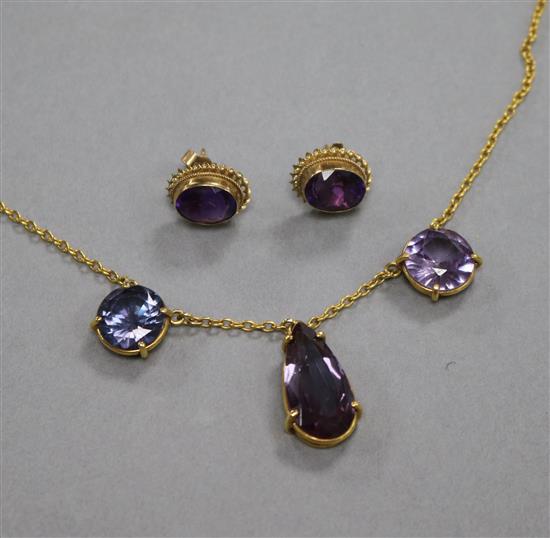 A 9ct gold and gem set necklace and pair of earrings.